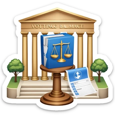 An icon featuring a ballot box with a voting paper, a government building with columns, and a scale of justice, symbolizing political science. The design includes a world map in the background, representing global political systems. Transparent background highlights governance and civic studies. sticker