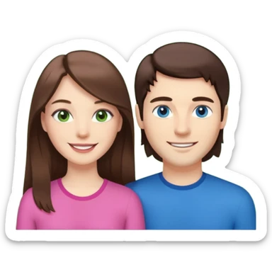 “A pink Polaroid-style photo of a couple: a white woman with long brunette hair and blue eyes, and a white man with short brunette hair and green eyes.” sticker
