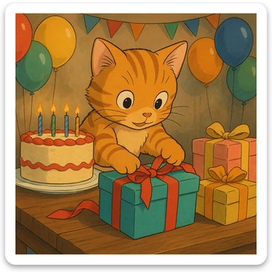 ginger tabby kitten opening presents, birthday party scene with balloons and cake, ghibli style sticker