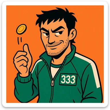 male character in a green Squid Game tracksuit with number 333, smirking, sharp black eyes, messy short black hair, slight stubble, flipping a coin, mysterious and strategic expression, modern illustrated style sticker