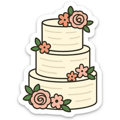 flat toon white buttercream three-tiered wedding cake with flowers sticker
