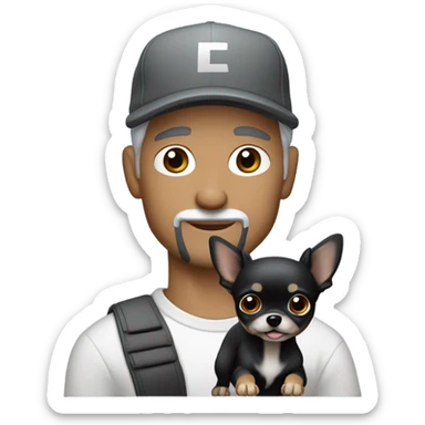 man blue eyes gray hair gray goatee in ball cap holding black longhair chihuahua  sticker