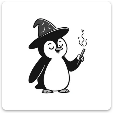 hand-drawn penguin with wizard hat and wand casting magic sticker