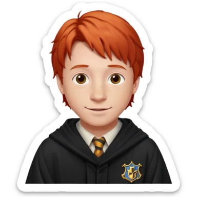 Create a realistic portrait of Ron Weasley with red hair, freckles, Hogwarts robe & warm smile. sticker
