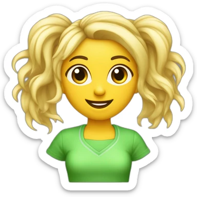 Chica cara redonda rubia pelo rizado largo y flequillo con ropa verde lima muy sonriente delante ordenador sticker