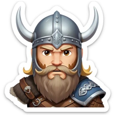 Clash of Clans aesthetic: Cinematic Fierce Viking Portrait Emoji, Poised and bold with a rugged yet stylized build, wearing a simple horned helmet and sporting a neatly trimmed beard, his face rendered in a natural skin tone, intense eyes reflecting fierce determination, Simplified yet dynamic features, highly detailed, glowing with a cool, battle-ready radiance, high shine, brave and resolute, stylized with an air of ancient Nordic valor, focused and commanding, soft glowing outline, capturing the essence of a fearless Viking adventurer ready to set sail on epic quests! sticker