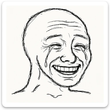 Wojak meme face, smiling, with tears of joy, simple line art sticker