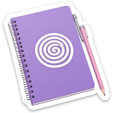 soft purple spiral notebook with white inscription 'schedule' on the cover, soft pink pencil lying on top, iOS emoji style sticker