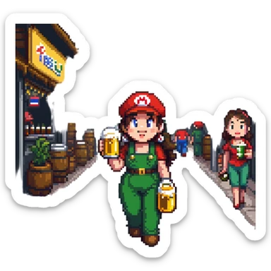 mario drinking beer with thai lady in thailand walking street sticker