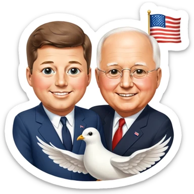 John F. Kennedy and Mikhail Gorbachev side by side, smiling, friendly diplomatic atmosphere, small peace symbol and doves, US and USSR flags as accents sticker