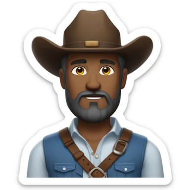 a rugged cowboy with a thick beard, wearing a blue vest over a classic western shirt and a brown belt with a silver buckle. He should have a confident stance, exuding a strong and adventurous frontier spirit. sticker
