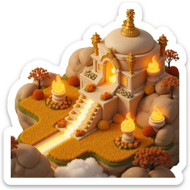 Floating divine farm in the sky, golden marble buildings, endless glowing cookie fields, radiant pipes flowing with energy, portals above crops sticker