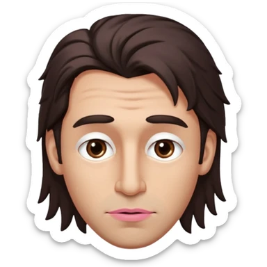 Handsome white man with big brown eyes thin pink lips long nose and dark brown messy hair cover his forhead eyes sticker