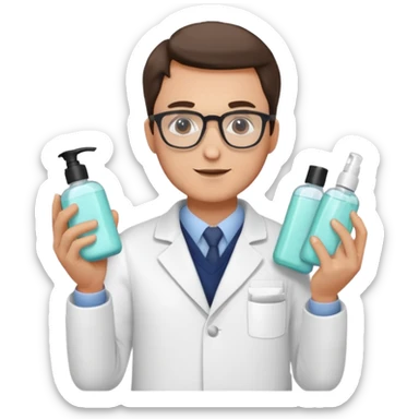 man with white coat and glasses holding skincare products sticker