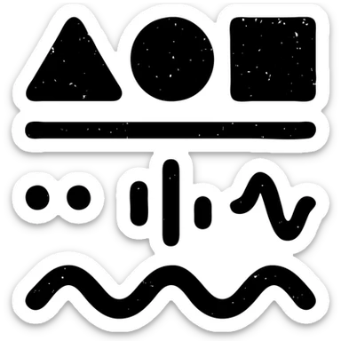 abstract minimalist solid icon of geometric shapes below a horizontal line, with abstract data streams of lines, dots, or waves, worn and distressed effect sticker