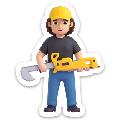 create a character with a saw, cute guy, curly, in a black t-shirt and a yellow cap, in 3d sticker