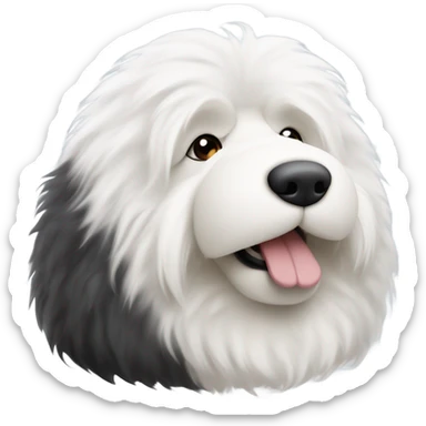Fluffy Old English sheepdog face with the left half of his face white and the black half of his face black. White around the mouth and nose sticker