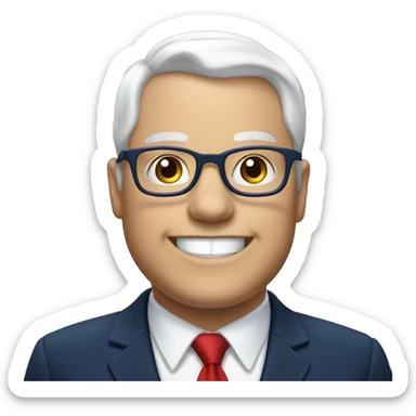 A fat man, white hair, with glasses, no beard, smiling with teeth, and wearing a navy blue suit and red tie sticker