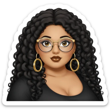 big plus size, latina, darker tan skin, gold hoops, long black curly hair, baddie,pretty, makeup, lipgloss, black eyeliner, long hair, black top, black glasses sticker