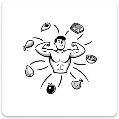 Glowing muscle fibers in the center, with protein foods (meat, egg, beans, tofu, yogurt) floating around but connected to each other forming a unified chain or cluster orbiting the muscle fibers. sticker