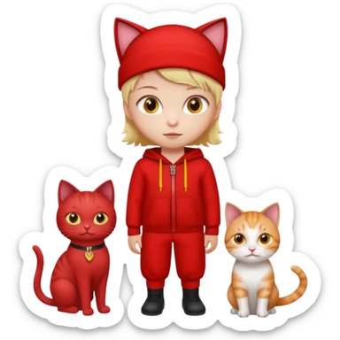 There is a kid wearing all red. Next to him there is a cat that has a red cat outfit and the cat has yellow eyes sticker