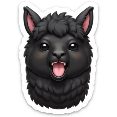 Cinematic Cute Yawning Black Alpaca Portrait Emoji, Head tilted slightly with a dramatic, wide-open yawn, showcasing a soft, plush jet-black fleece with gently drooping ears, round dark eyes barely open in drowsy contentment, Simplified yet irresistibly adorable features, highly detailed, glowing with a soft, cozy glow, high shine, relaxed yet expressive, stylized with a touch of whimsy, bright and endearing, soft glowing outline, capturing the essence of a sleepy yet affectionate alpaca, so drowsy it feels like it could stretch out of the screen and curl up for a nap! sticker