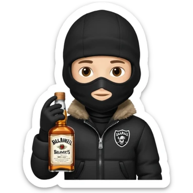 Junge mit Sturmhaube in der Rechten hand eine jacky flasche und schwarze winterjacke mit fell an der mütze 2 meter gross sticker