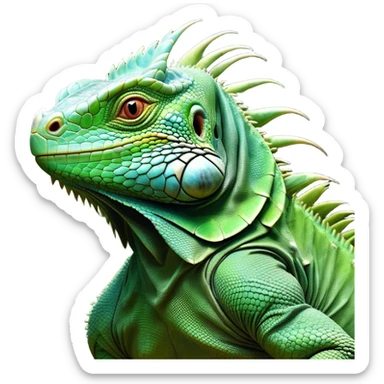 Cinematic Noble Iguana Portrait Emoji, Poised and majestic, with a robust, muscular build and a vibrant, scaly body accented by a prominent spiky crest and keen, observant eyes, Simplified yet sharp and sophisticated features, highly detailed, glowing with a soft, jungle radiance, high shine, intelligent and formidable, stylized with an air of ancient reptilian authority, focused and commanding, soft glowing outline, capturing the essence of a watchful guardian that appears ready to stride out of the screen with effortless might! sticker