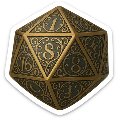 Rotate the D20 dice so the side facing the viewer shows the number 1. Preserve the fantasy style with ornate engravings, mystical symbols, and an elegant look. No background. sticker