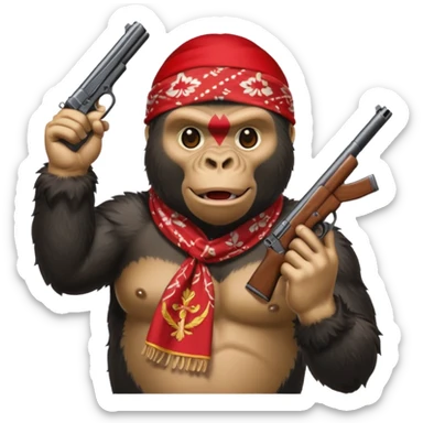 A gorilla holding a gun in the air with a bandana  sticker