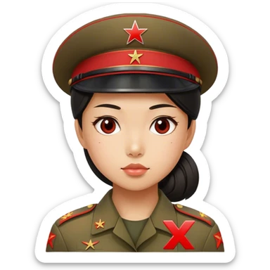  North Korean girl solder defector with a x red capital letter on her sticker