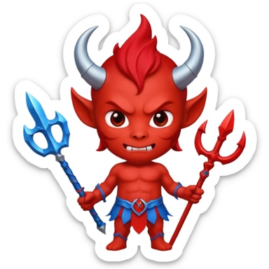 a Red devil, short horn Chibi red demon hold a blue trident sticker