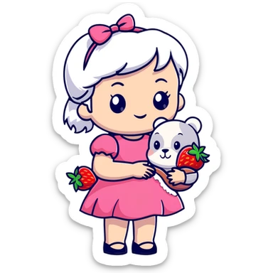 girl with white hair holding a strawberry wearing a pink dress holding a teddy bear sticker