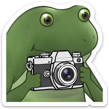Place the bufo frog holding a camera on a sunny tropical beach, maintaining the green bufo frog meme style with concise details and vibrant colors typical of the bufo style. sticker