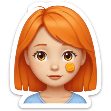 round-faced cartoon girl emoji with teary eyes, gentle smile, soft cheeks, tangerine hairpin, warm, emotional, cute sticker