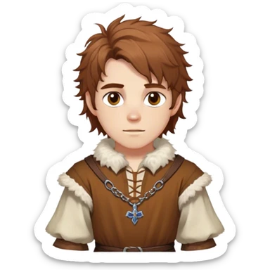 medieval spring outfit worn by a DnD themed fantasy male character. cotton tunic with sleeves rolled to the elbow, featuring a light fur-lined collar for chilly mornings. clothes only above the waist. The clothes full waist. The character's haven't arms. character is white-skinned, chestnut brown hair, amber eyes, shoulder-length messy hair. sticker