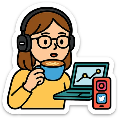 A girl with shoulder-length brown straight hair, wearing black-rimmed glasses, light skin, brown eyes, and black Marshall headphones, drinking a cappuccino. She is a social media manager, so include visual elements like a phone with social media apps or a laptop with analytics. sticker