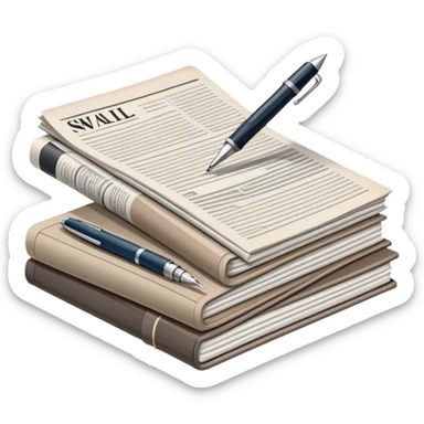 Create an emoji representing journalism and publicistic writing. The design should feature a stack of newspapers as the base, with an open working notebook placed on top of them. A single fountain pen should rest on the very top of the notebook, symbolizing the act of writing. Use neutral, professional colors like black, white, and muted tones to convey a sense of seriousness and intellect. Do not include any emojis or smiley faces. Make the background transparent. sticker