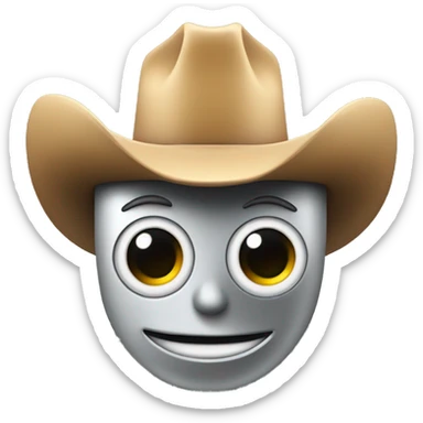 robot face with a cowboy hat, simplified, squared, small non descript eyes sticker