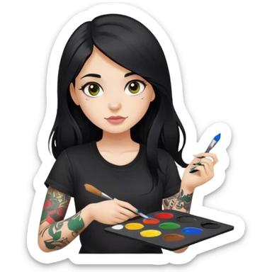 A girl with long black hair and hazel eyes and black tattoos on right arm holding a paint palette  wearing black shirt sticker