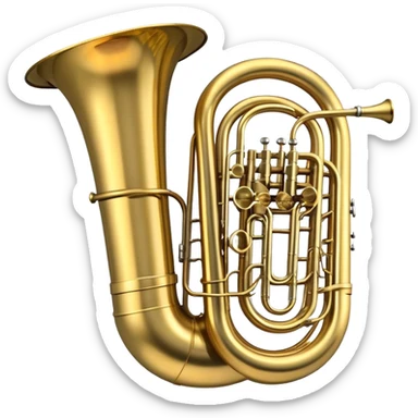 Create a large and bold emoji representing a tuba. The design should feature the tuba’s iconic, large, curved brass body, with its wide bell and tubing wrapping around. Highlight the visible valves and their metal buttons, showcasing the characteristic structure of the instrument. The brass finish should be shiny, with golden tones and subtle reflective light effects to highlight its polished surface. Add soft musical notes or soundwaves emanating from the bell to evoke the deep, resonant sound of the tuba. The background should be transparent. sticker