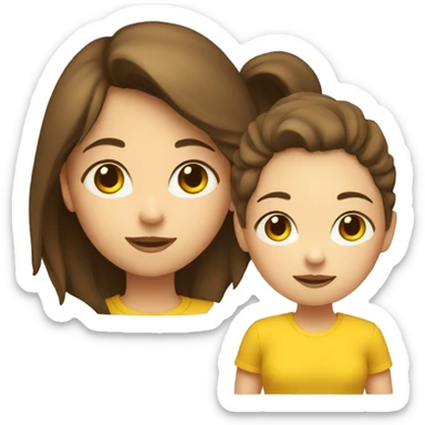 a girl with brown hair in a yellow t-shirt with a black small circle on it sticker