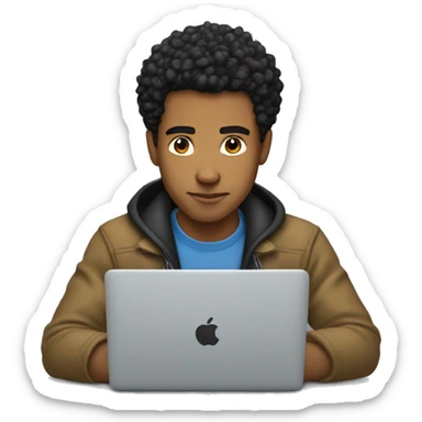 light skin man with black messy slickback hair working on his macbook laptop looking down  sticker