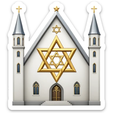 reform jewish synagogue similar in architecture to historical religious architecture in europe. the building should be white with silver/golden features, gothic architectural elements and star of david. no crosses. the emoji should be in ios emoji style. sticker