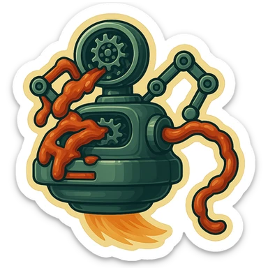 hovering robot. stuffs material into large hole on its top where a head would be. no head. spinning gears and blades in hole grind material.  3/4 view. between realism and cartoon. well lit. no dramatic lighting. metallic shiny robot. works diligently. drake humor sticker