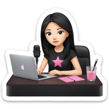 tanned long black hair woman, sat at desk with pink MacBook, podcast microphone black top and pink, sexy, glass table sticker