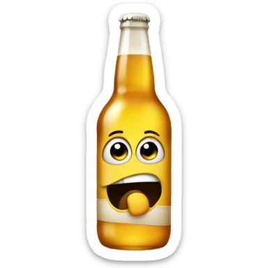 Drunk emoji holding a beer bottle, with one eye half-closed, a wobbly expression, and flushed cheeks, showing signs of intoxication sticker