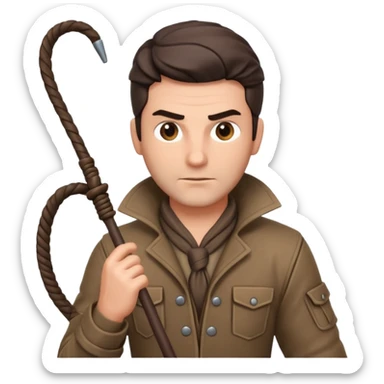 man with a whip portrait, head and shoulders only, whip coiled on shoulder, rugged outfit, confident look, 3D cartoon, mobile game icon style, clean background, no text, no watermark
 sticker