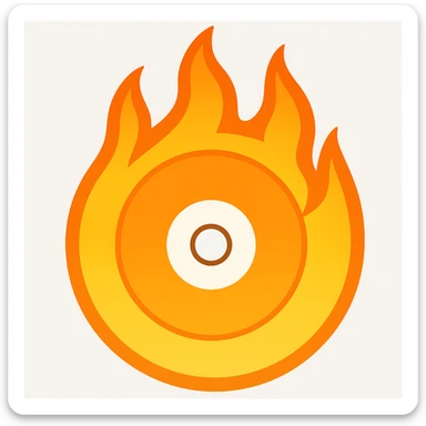 A minimalist CD disc with a subtle fire design, emoji style, orange flames, with taller flames sticker