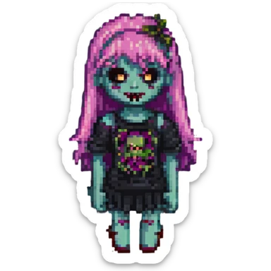 girl zombie with pink hair bangs pixel art sticker